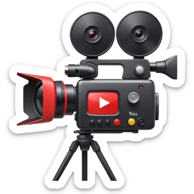 video camera with red play button and studio lights, energetic and modern, YouTube production sticker