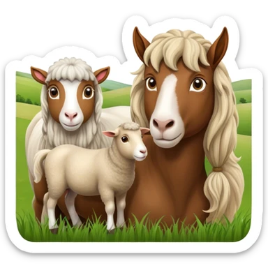 Icon for Domestic Hooved Animals: A gentle collage featuring a horse with a flowing mane, a brown goat with large, curious eyes, a calm sheep with soft wool. Background with a green pasture and a few hay bales. Transparent background. sticker