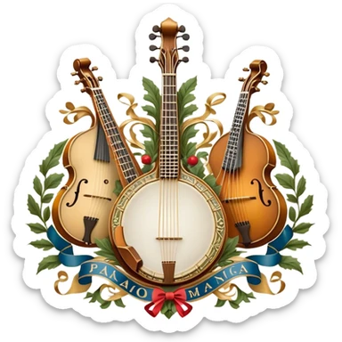 Create an intricate, festive, and emblematic emoji symbolizing plucked string instruments. The design should resemble a regal crest, featuring instruments like a banjo, mandolin, domra, sitar, and other plucked strings, arranged symmetrically in an ornate composition. Their necks and strings should elegantly intertwine with a flowing ribbon of musical notes, wrapping gracefully around the instruments. The overall shape should be grand and balanced, evoking a sense of tradition and celebration. Use a rich and refined color palette with gold, deep mahogany, and vibrant accents, adding intricate wood textures, decorative inlays, and metallic tuning pegs for a professional, polished look. The background should be transparent, making the emblem stand out as an independent artistic mark sticker