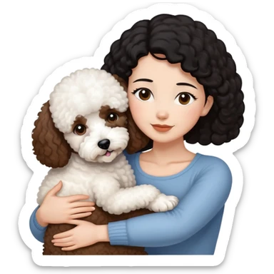 woman with short black hair hugging a brown poodle and a white bichon frise sticker