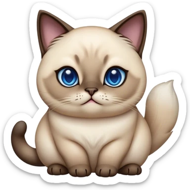 Cinematic Cute Chubby Siamese Cat Portrait Emoji, Round and plump body, soft cream-colored fur with rich dark points on the ears, face, paws, and tail, big, sparkling sapphire-blue eyes, Simplified yet irresistibly adorable features, highly detailed, glowing with a warm, cozy glow, high shine, curious yet calm, stylized with a touch of whimsy, bright and endearing, soft glowing outline, capturing the essence of a mischievous yet lazy and loveable kitty, so cuddly it feels like it could waddle right out of the screen for a snuggle! sticker