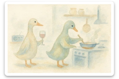 Impressionist Monet-inspired kitchen, 4:3, male and female duck couple, one holding wine glass, other at stove, record player or radio playing music, pastel palette, loose brushstrokes sticker