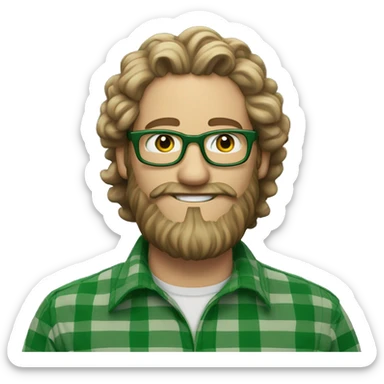 An emoji of a white man with long curly hair tied into a bun, wearing green prescription glasses. He also has a long beard and is wearing a green plaid shirt. sticker