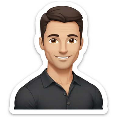 Very fit muscular 40-year-old with youthful looks, light brown skin, elongated face, strong defined jawline, charming confident smile, medium dark eyes, arched eyebrows, straight nose, buff physique, medium wavy dark hair, wearing a slightly tight black button-up shirt sticker