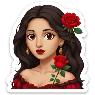 A Romani woman with long, wavy dark hair and a single red rose behind one ear. She has deep eyes and a confident, mysterious expression sticker