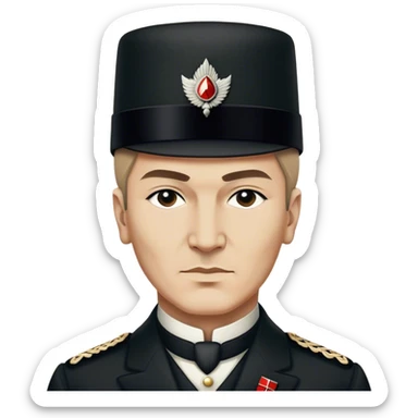 ​Cinematic Realistic Portrait of a Young Mustafa Kemal Atatürk, depicted in his iconic tall black hat and traditional attire with a confident, visionary expression, rendered with rich historical textures and warm, inspiring lighting that captures his youthful dynamism and transformative leadership, sticker