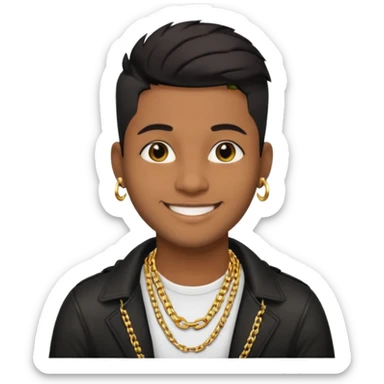 modern style music producer, 30 years old, brown skin, short black undercut hair, wearing a gold chain, smiling sticker