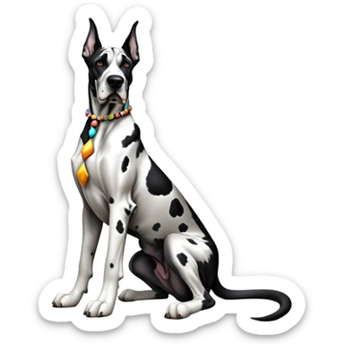 cinematic-[harlequin great dane]-realistic-full-body-sitting-emoji,-tail-resting-loosely-beside-its-paws,-head-tilted-dramatically, ears drooped, -sleek-[black and white]-fur,-simplified-yet-realistic-focused-features,-highly-detailed,-glowing-with-an-almost-sarcastic-glow sticker