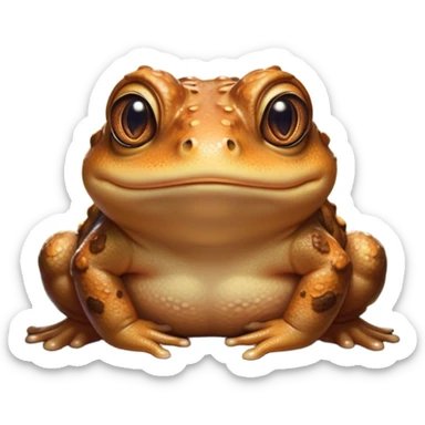Cinematic Cute Toad Portrait Emoji, Head tilted playfully and inquisitively, featuring a charmingly plump form with bumpy, textured skin in rich earthy hues and round, sparkling eyes full of gentle mischief, Simplified yet irresistibly adorable features, highly detailed, glowing with a warm, friendly woodland glow, high shine, affectionate and lively, stylized with a touch of whimsical nature charm, soft glowing outline, capturing the essence of a mischievous yet loving toad that seems as if it could hop out of the screen into your arms! sticker