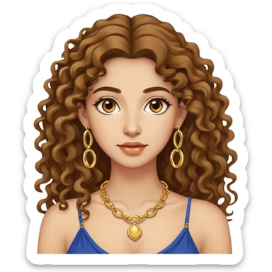 attractive Greek woman with long curly hair and light skin wearing gold hoop earrings and a gold necklace sticker