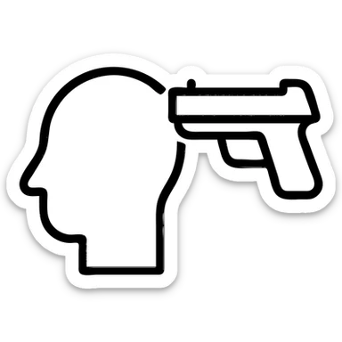 symbolic image of a cartoon head with a gun next to it, no violence, no blood, minimal style sticker
