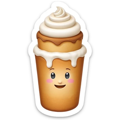 Cute emoji of a Hungarian chimney cake (kürtőskalács), cylindrical pastry, light brown baked dough with sugar coating, topped with white whipped cream, served in a small white paper cup sticker