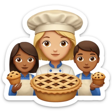 Baking community humanless avatar in vibrant style illustration. Pie, cookie, and muffin warm golden tones, simple shapes, flat design, high contrast. sticker