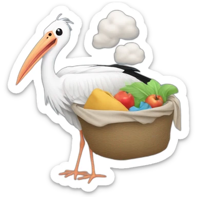  A big white stork carrying a bundle of cloth in its beak that has a cute white skinned baby face peeking out from it with black head sticker