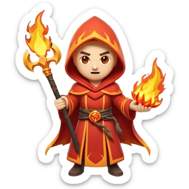 Clash of Clans aesthetic: Cinematic Ferocious Fire Mage Hero Emoji, rendered in a 3D vector-style similar to standard emojis with minimal shading and bold, simplified shapes. A compact, isometric figure draped in flowing, charred and ember-lined robes, wielding a fiery staff crackling with intense flames. Eyes burning with an infernal glow, exuding raw, untamed power. Simplified yet unmistakably iconic, highly detailed and consistent, glowing with a fiery, molten radiance and high shine. Stylized with a touch of menacing sorcery and a searing, ember-infused outline, capturing the essence of a wrathful mage ready to unleash devastating fire magic! sticker