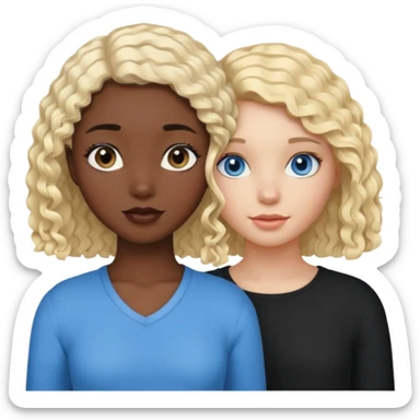 Girl best friends, one white with blond bob and blue eyes, one black with long black curly hair sticker