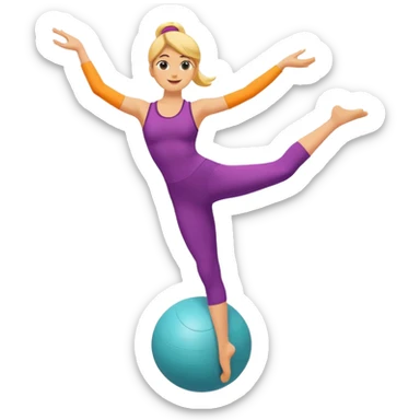 A minimalist vector emoji of a person standing on one leg in an arabesque pose, holding a fitness ball. Clean lines, flat design, vibrant energetic colors. sticker