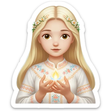 Young Ukrainian girl with blonde hair wearing a traditional white embroidered shirt (vyshyvanka) gently holding a glowing ethereal light representing the soul in her hands sticker
