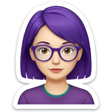 Cartoon 50-year-old youthful woman with purple glasses, brown eyes, and indigo hair to her shoulders in a dark green shirt. sticker