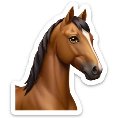 Cinematic Noble Bay Horse Portrait Emoji, Poised and regal, with a strong, athletic build and a rich, well-groomed bay fur accented by a dark mane and tail, deep-set soulful amber eyes, Simplified yet sharp and sophisticated features, highly detailed, glowing with a warm, dignified glow, high shine, intelligent and majestic, stylized with an air of equine elegance, focused and attentive, soft glowing outline, capturing the essence of a watchful and confident steed, so majestic it feels as though it could gallop out of the screen with effortless authority! sticker