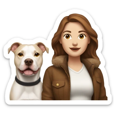 white woman with long brown hair in a furry jacket standing alongside a white pitbull sticker