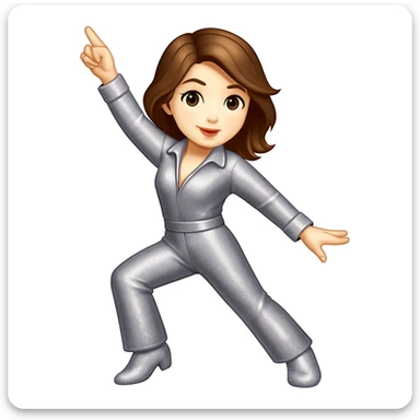 Make the woman do the exact pose of the 🕺🏻 emoji (one arm up, one arm out, one leg bent), keep white skin, brown hair, sparkly jumpsuit, emoji style sticker