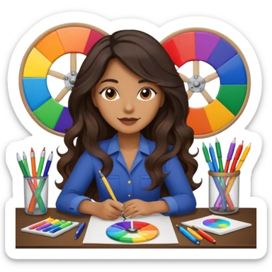 female dark wavy long hair graphic designer , color wheel, pens, papers , desktop sticker