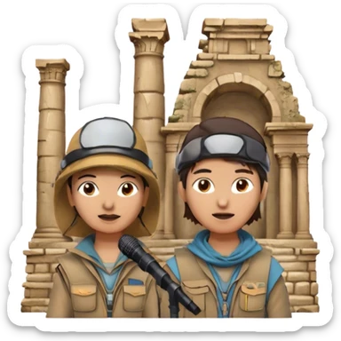 Icon for Documentary Film: A TV-style design with a traveler speaking in front of ancient ruins. Include details like a microphone, the traveler in casual explorer attire, and the ruins in the background. Capture the atmosphere of an informative journey through history. Transparent background. sticker
