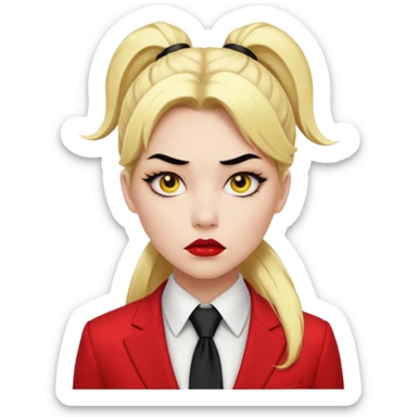 Woman with porcelain white skin, black lips, thick blonde hair that's in a thick long ponytail, a black nose, yellow scleras, red pupils, and a red suit with a black tie. Demon sticker