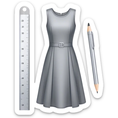 Icon for Fashion Design: a dress pattern with measurements, a ruler, and a pencil. The icon should represent the process of designing clothing with a focus on precision and tailoring. Transparent background. sticker