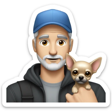 Handsome blue eyed man, with grey hair, and grey goatee beard, wearing ball cap and holding a long haired black chihuahua sticker