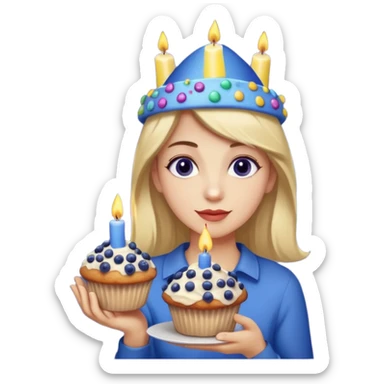 Blueberry Muffin celebrating birthday. Make sure it actually looks like a muffin with candles. Somebody holding it with party hat  sticker