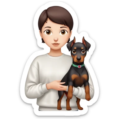 A short-haired girl in a white sweatshirt is holding a big Doberman dog sticker
