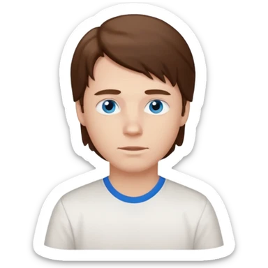 White boy with blue eyes and brown semi long hair with a White shirt sticker