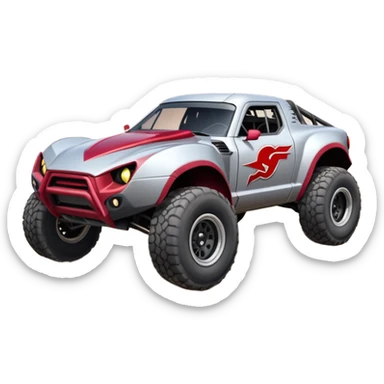 Satan’s (post race) Cabernet Dirty and dented Local Motors Rally Fighter off road race car hot rod trophy truck-style flying on a dusty road (silver wheels) sticker