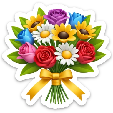 Apple-style 3D emoji of a colorful flower bouquet, tied together with a small ribbon, different bright flowers like roses, tulips and daisies, cheerful and elegant design, no background sticker