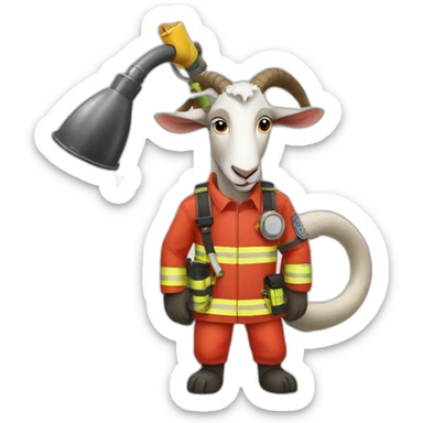 a goat dressed as a firefighter with a hose in his hand sticker