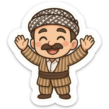 Kurdish man in traditional striped suit (jamadani), mustache, smiling and raising hands in celebration, cartoon style, sticker, no text sticker