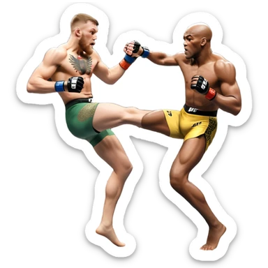 An MMA showdown between Conor McGregor and Anderson Silva in the octagon. McGregor is executing a powerful jumping strike, while Silva is expertly blocking the attack with his forearm. The background features the UFC octagon, fans in the distance, and dynamic action. Transparent background sticker