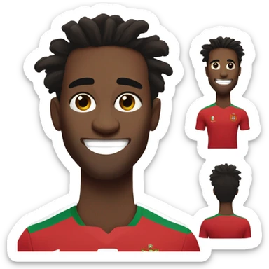  Young black man- 4 inch short dark black messy dread locks-  mad eyebrows - low dark brown eyes - no facial hair - laughing - Portugal jersey - lean muscle - nice smile  sticker