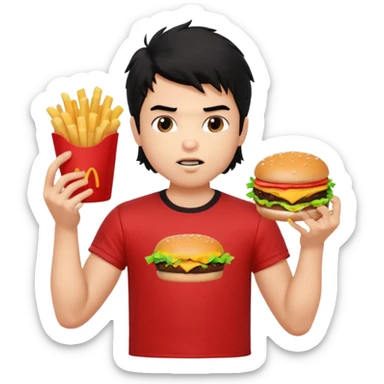 generate a pretty fair bratz boy with a messy mullet (black hair), wearing a red tshirt. eating a burger and fries, big biceps sticker