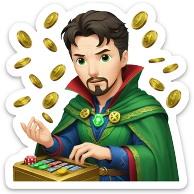 disheveled Doctor Strange losing money at a slot machine, panicked face, coins flying sticker