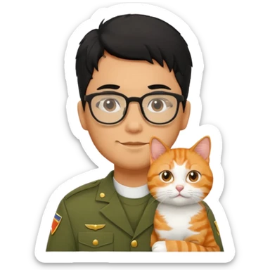 Veterinario hombre trigueño con lentes, con cabello negro, y con uniforme veterinario color verde militar cargando un gato naranja sticker