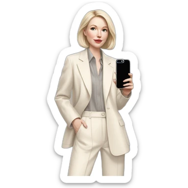 pale skin woman with ash blonde Straightened bob Hair, White Spacious classical jacket, beige palazzo Arrow pants and gray blouse holding white IPhone 15 pro in the hands sticker