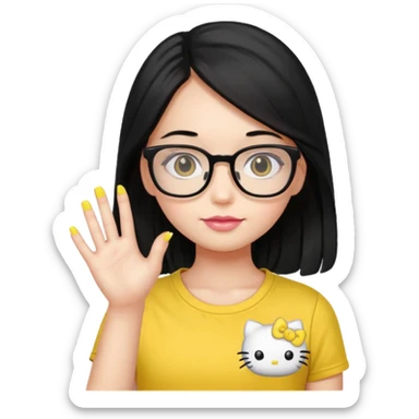 Nails cute with hello kitty wear glasses black long  hair wear, yellow shirt sticker