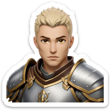 Cinematic Realistic WoW Human Warrior Portrait, head tilted epicly and inquisitively, showcasing a commanding presence and heroic grace. His chiseled features, resolute eyes, and meticulously crafted steel armor with leather accents in harmonious greys and bronzes are rendered with lifelike clarity and dramatic lighting, high shine, epic and awe-inspiring, embodying the spirit of a warrior poised for battle. sticker