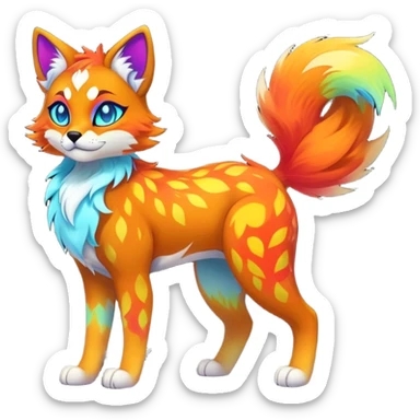 Vibrant multicolored neon-colored Falvie-Fionbri-creature-sparkle-feline-canine-hybrid-fursona, full body, fur pattern-markings sticker