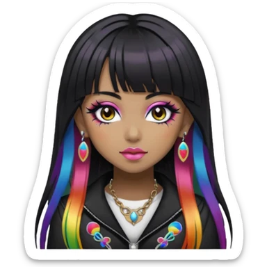 hime gyaru girl,  brown skin long black hair with rainbow fringe, tattoos, dark makeup, goth grunge clothes sticker