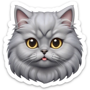 Cinematic Derpy Grey Persian Cat Portrait Emoji, Head tilted playfully with an adorably awkward expression, fluffy grey fur with soft silver undertones, Simplified yet hilariously derpy features, highly detailed, glowing with a warm but slightly confused glow, high shine, a mix of lazy and clueless, stylized with a touch of whimsy, bright but with a completely derpy and grumpy face, soft glowing outline, capturing the essence of a quirky yet chubby, grumpy kitty, so endearing it feels like it could stretch out of the screen and demand attention with its wonderfully derpy charm! sticker