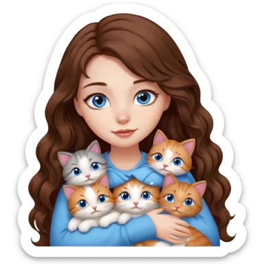 girl with long wavy brown hair, blue eyes, long lashes makeup, cuddling with 6 cute cats sticker